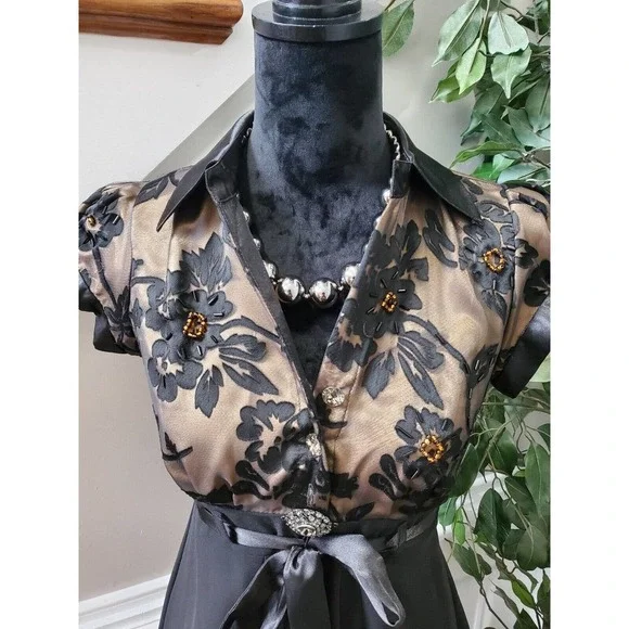 Black Floral Women's Polyester Collared Short Sleeve Knee Length Partywear Dress - Picture 2 of 10